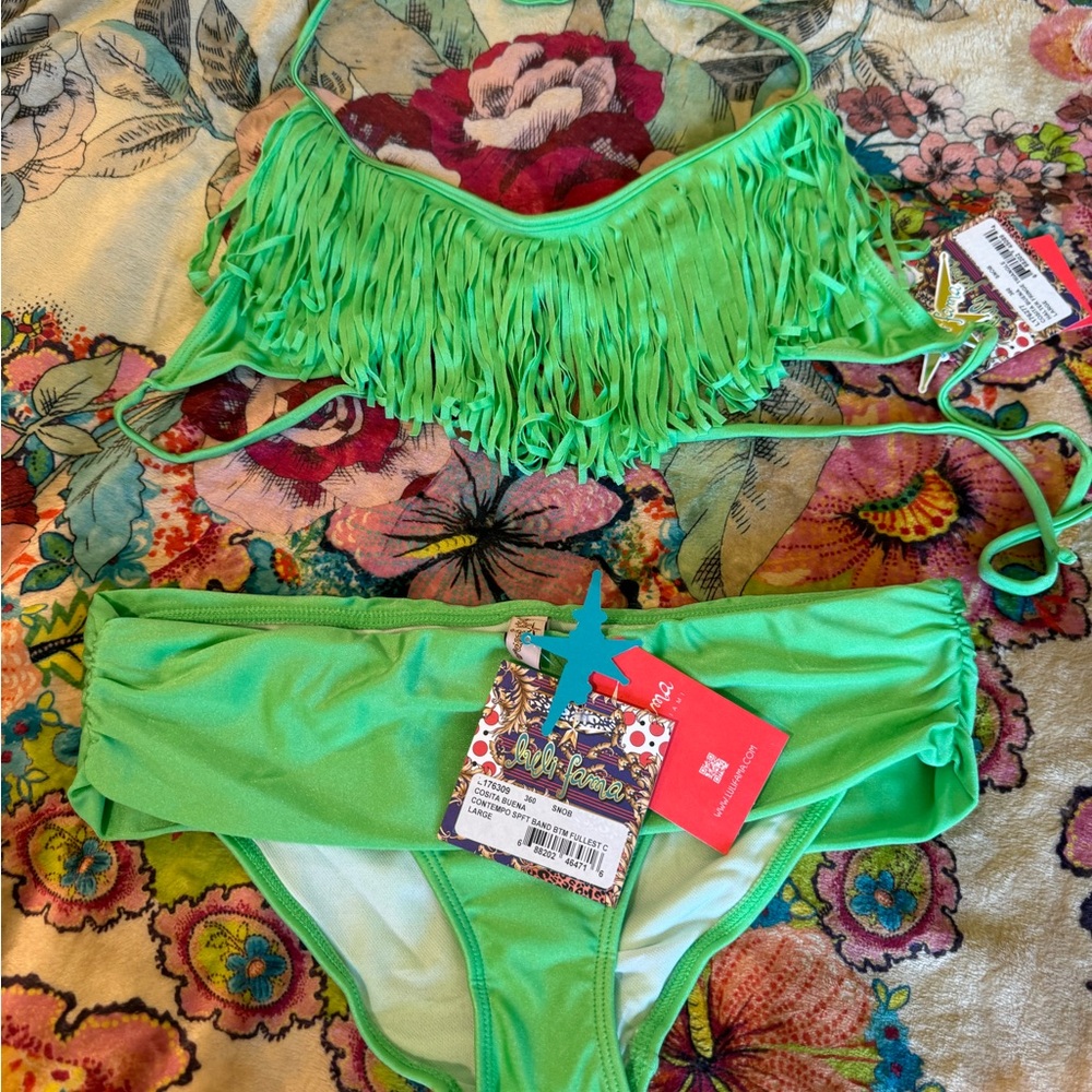 NWT LULI FAMA FULL SET COSITA BUENA HALTER FRINGE TRIANGLE SNOB GREEN SIZE LARGE